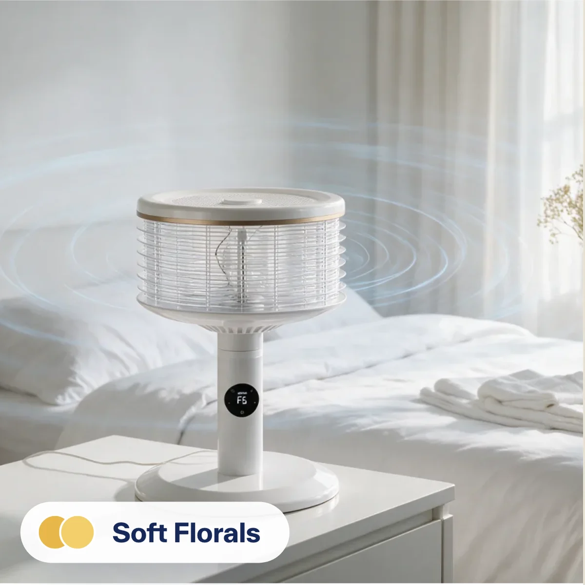 A white Spin360 on a nightstand beside a freshly made white bed, with flowers and folded towels. Label: Soft Florals.