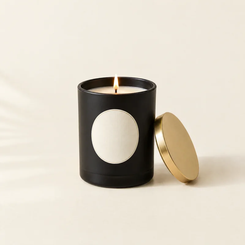 A designer candle in a matte black glass vessel