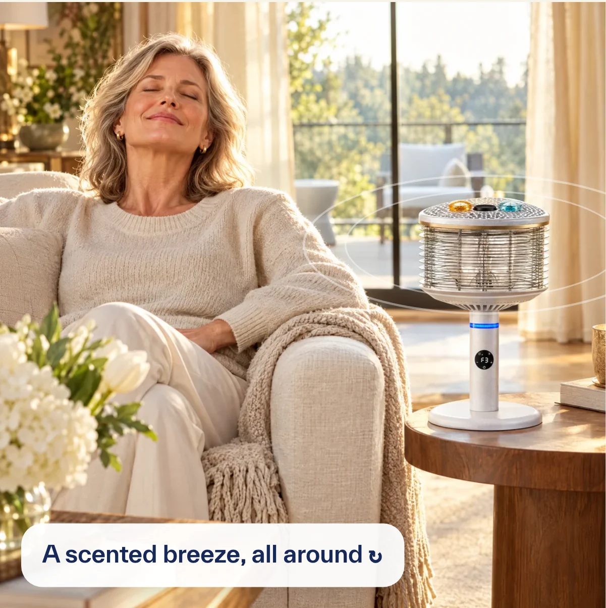 A woman relaxing on a cream sofa in a hotel-style living room, with a white Spin360 and scent pods on the side table. Label: A scented breeze, all around.