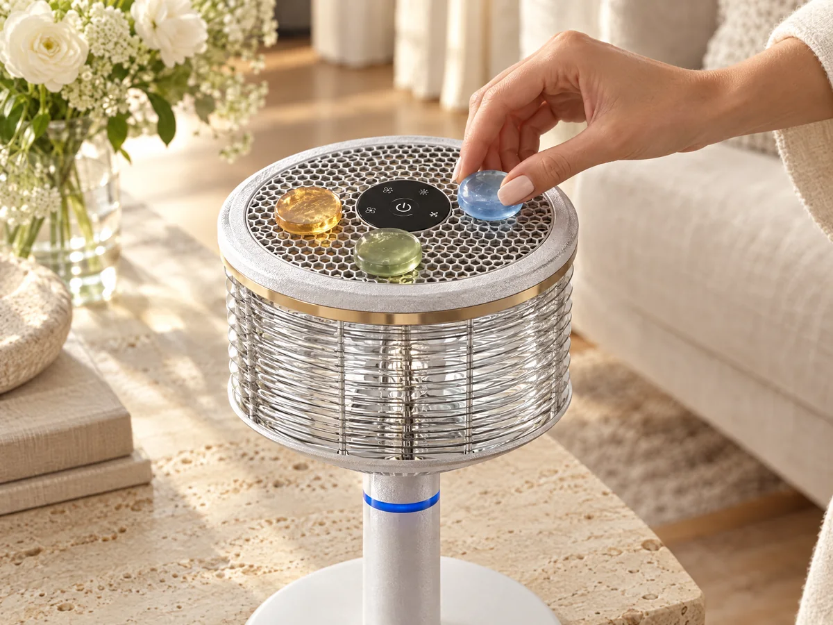 A hand placing a third scent pod on the honeycomb top of a white Spin360