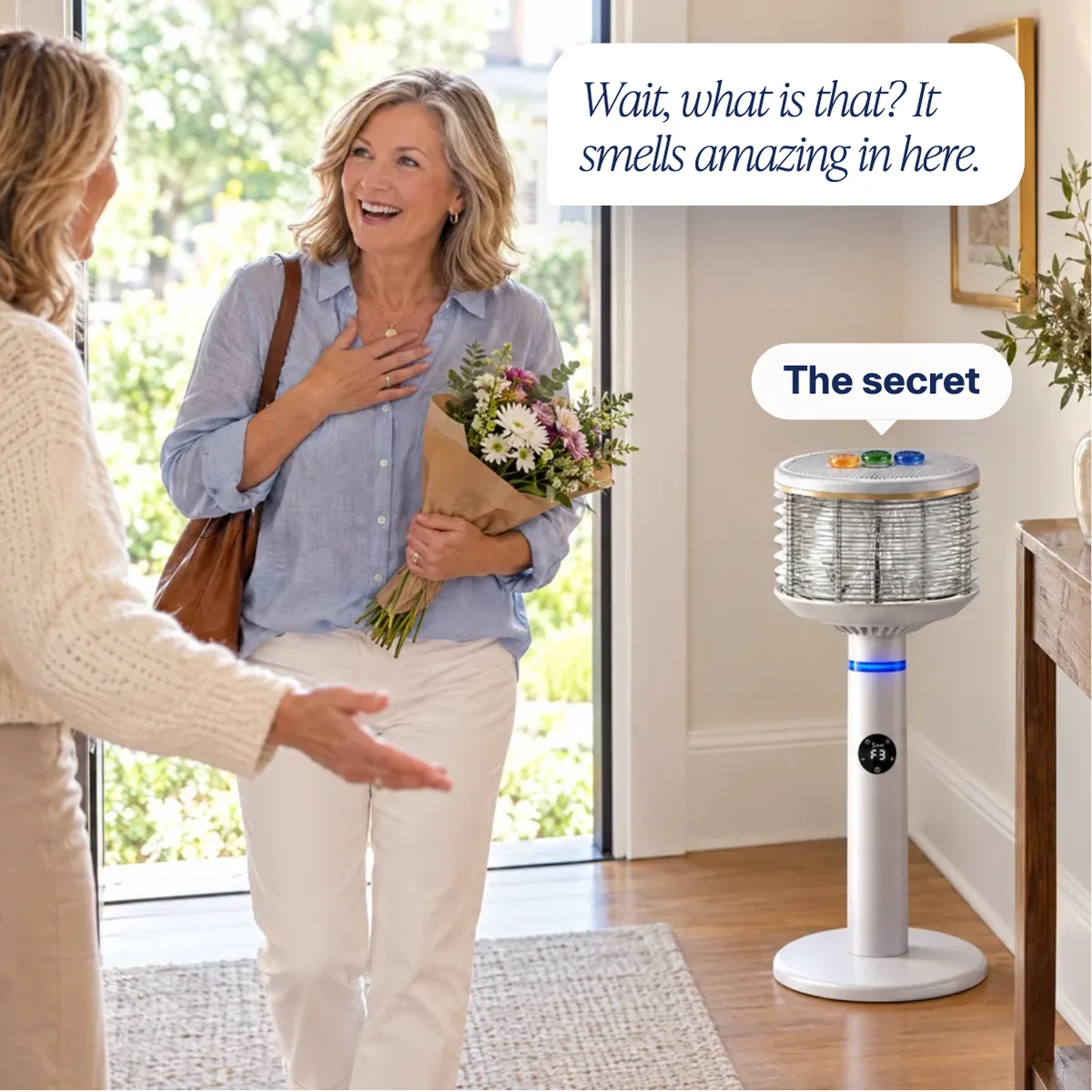 A host welcoming a delighted friend at the front door. The friend says: Wait, what is that? It smells amazing in here. A label points to the Spin360 in the entryway: The secret.