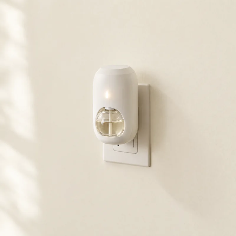 A white plug-in fragrance diffuser in a wall outlet