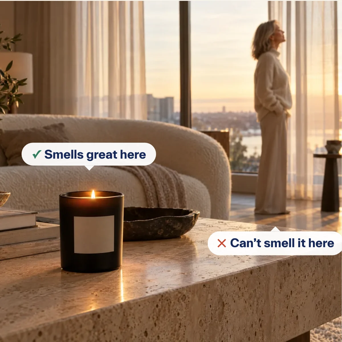 A lit candle on a travertine table, labelled Smells great here. A woman across the room is labelled Can’t smell it here.
