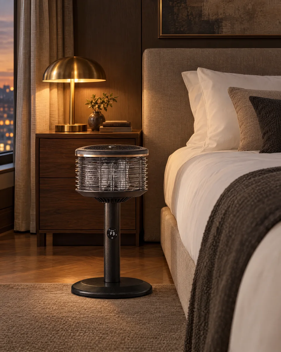 Black Pearl Spin360 beside the bed in a lamplit hotel-style bedroom