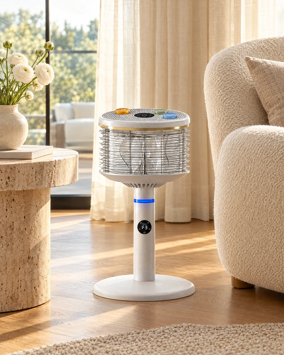 White Pearl Spin360 beside a cream armchair in a light living room