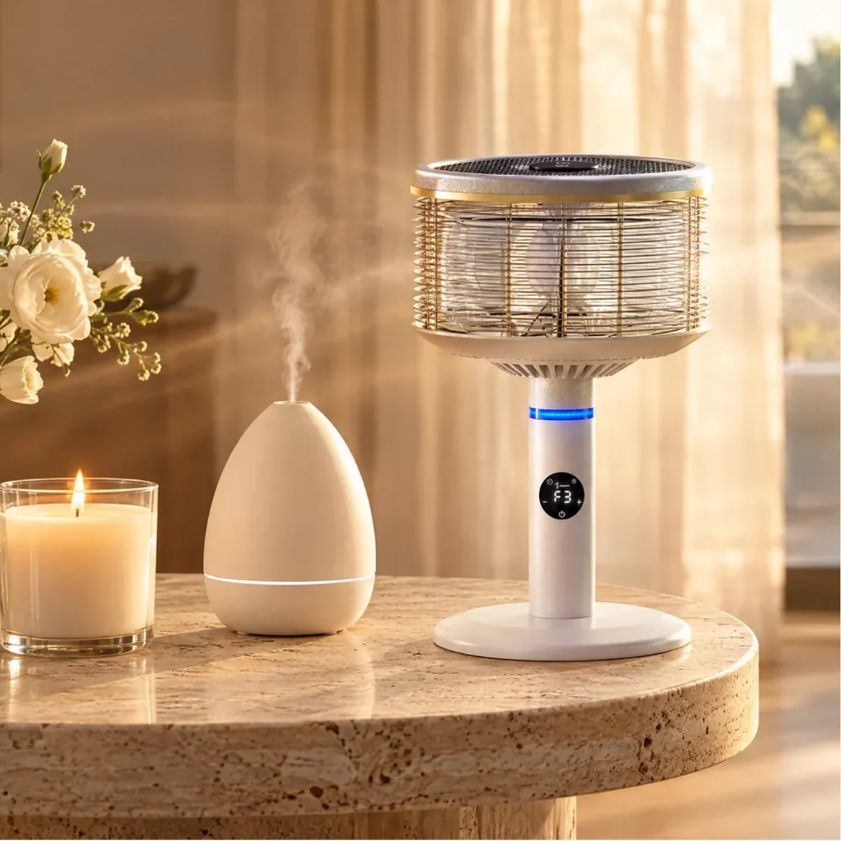 A candle, a diffuser and a white Spin360 together on a travertine side table in a calm, light-filled living room